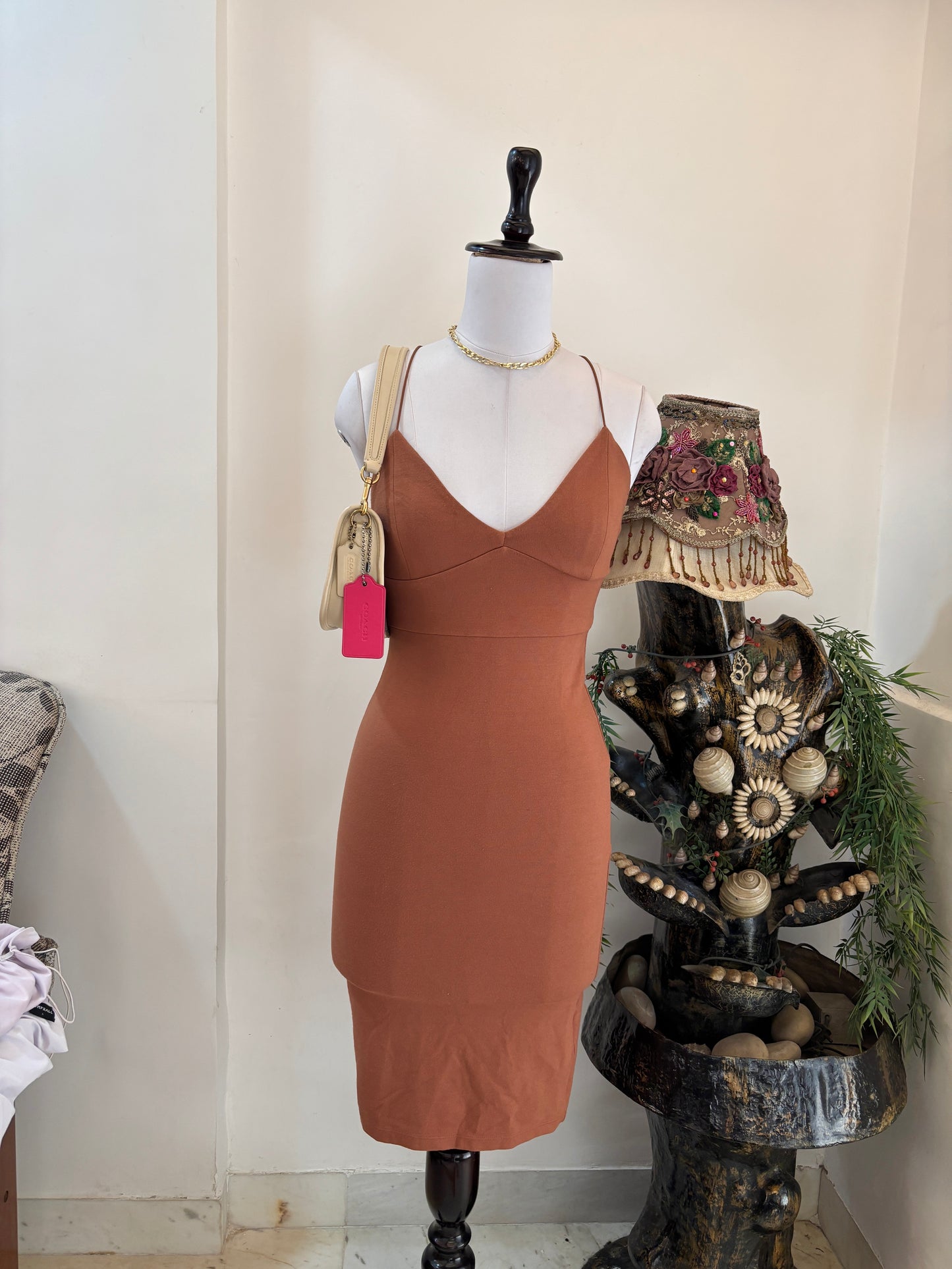 Nude Bodycon Dress With Slit In Back