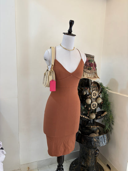 Nude Bodycon Dress With Slit In Back