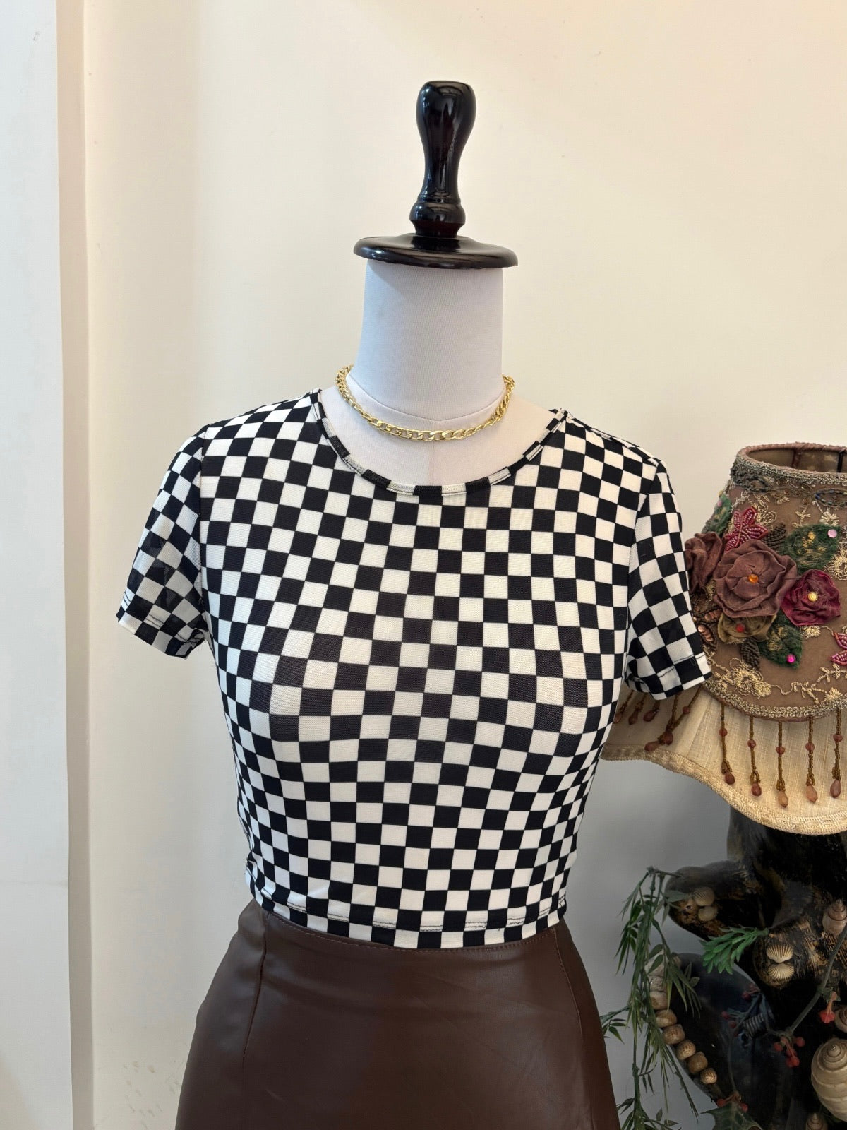 Cute Checked Mesh Top