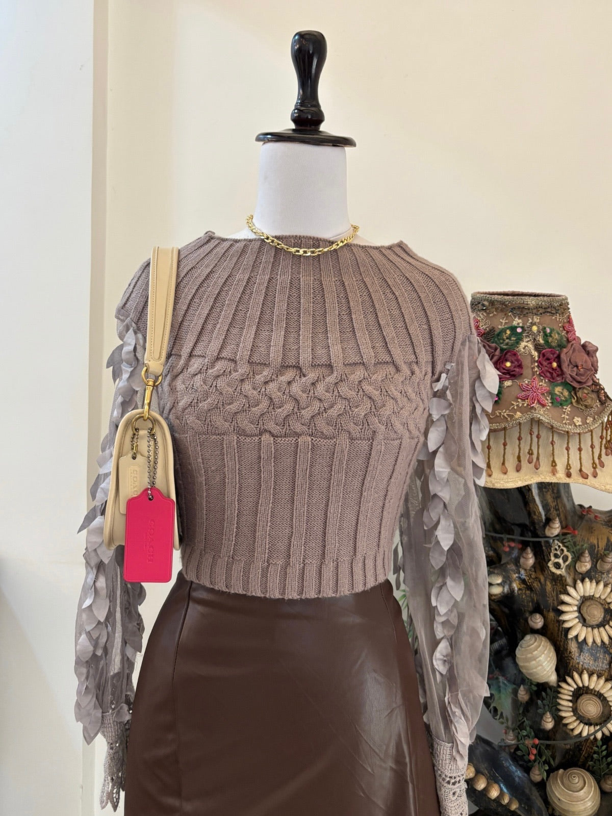 Mauve Cable Knit Sweater with Frilly Mesh Sleeves