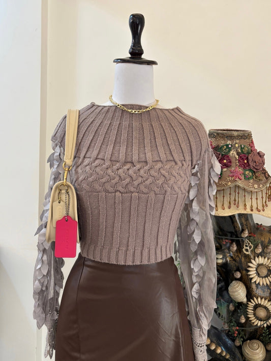 Mauve Cable Knit Sweater with Frilly Mesh Sleeves