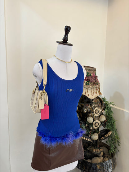 Blue Top with Faux Fur Hem