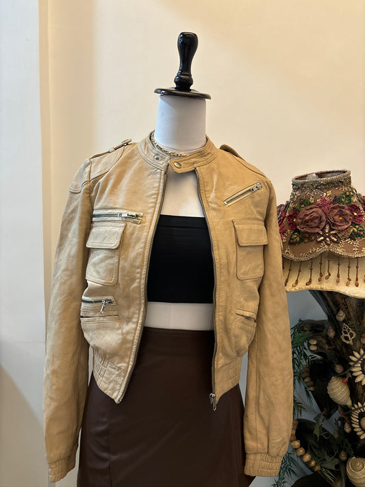 Nude Leather Bomber Jacket